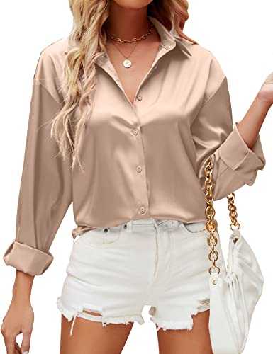 HANERDUN Women's Button Down Shirts Satin V Neck Long Sleeve Casual Work Blouse Tops with Pocket Silk Elegant Casual Tops Plain Button Front Work Shirt Business Evening Top