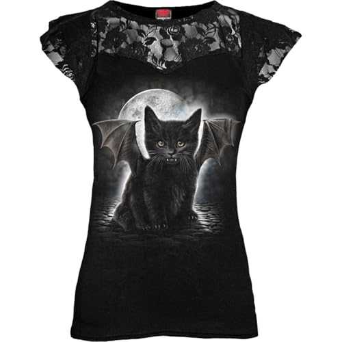 Spiral - Bat Cat - Lace Layered Cap Sleeve Top Black