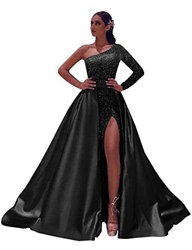 Women's Sequin Long Prom Dresses with Slit Long Sleeves Mermaid Satin Formal Evening Ball Gown with Detachable Train DE36