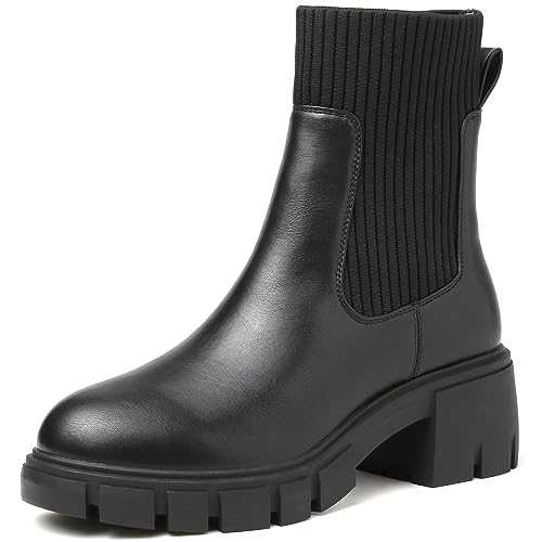 Womens Chelsea Platform Ankle Boots Waterproof Chelsea Boots Women Walking Boots Elastic Chunky Heel Lug Sole Slip On Winter Booties