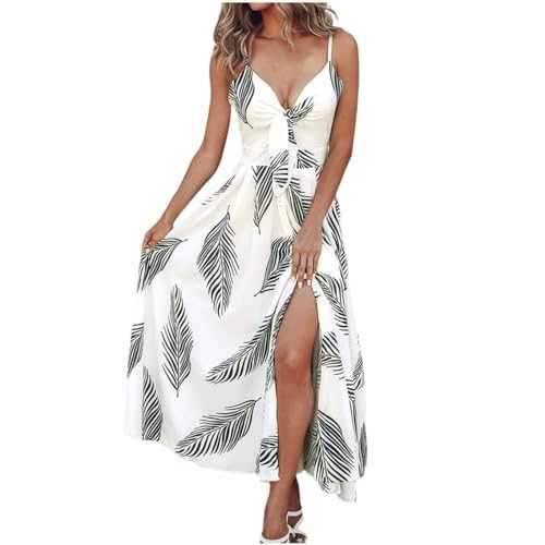 Zeiayuas Milkmaid Sundress Women UK Summer Sleeveless Split Maxi Dress Boho Casual Beach Dress A-Line Spaghetti Strap V Neck Milk Maid Dress Ladies Floral Print Milkmaid Dresses