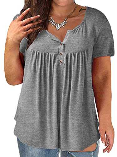 VISLILY Women's Plus Size Casual Short Sleeve Buttons Tunic T Shirt Blouse Tops