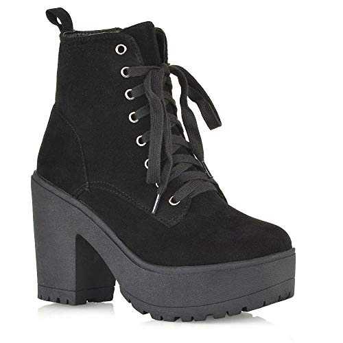 ESSEX GLAM Womens Lace Up Ankle Boots Retro Ladies Chunky Platforms Goth Combat Booties