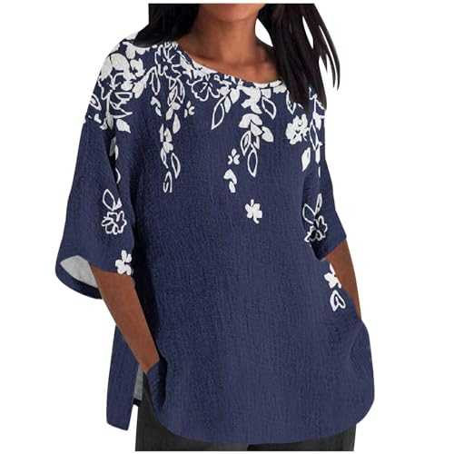 Womens Summer Shirts and Blouses Womens Linen Tops 3/4 Sleeve T Shirts Solid Color Work Tunic Tops for Women UK Crewneck Casual Three Quarter Sleeve Tops Ladies Blouses Size 16 UK Size S-5XL