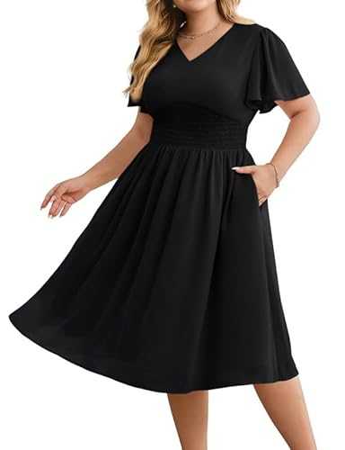 Hanna Nikole Womens Plus Size Chiffon Dresses Ruffle Sleeves Semi Formal Summer Dress Flowy Wedding Guest Dresses Midi Smocked Waist A-Line Dress