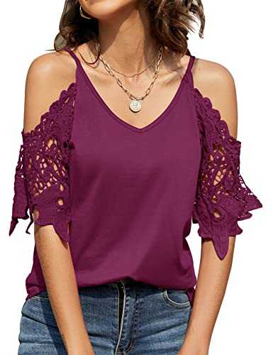 TFSDOD Womens Summer V Neck Cold Shoulder Tops T Shirts Cut Out Lace Short Sleeve Solid Color Blouses Shirt
