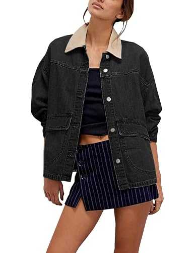 Lumister Women's Oversized Denim Jacket with Contrast Trim Long Sleeve Button Down Jean Coat with Pockets Outerwear