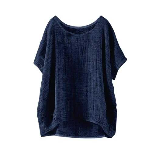Casual T Shirts for Women Cotton Linen Crew Neck Solid Color Shirt Plus Size Half Sleeved Tops Fashion Work Lightweight Breathable Loose Blouse Womens Tunic