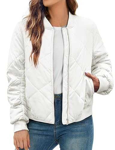 QVESELU Women's Diamond Quilted Jackets Lightweight Zip Up Ladies Fall Winter Raglan Bomber Jacket Coat With Pockets