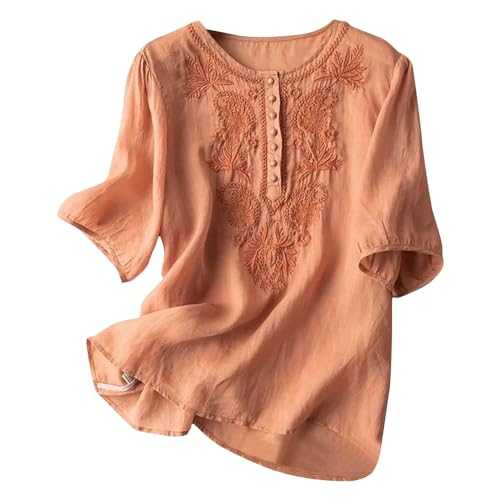 Womens Tops Cotton Linen Vintage Tshirt Button Up Short Sleeve Womens T Shirts Embroidery Summer Retro Pullover Tunic Womens Blouses Clearance Plus Size T-Shirt Casual Holiday Clothes for Women UK