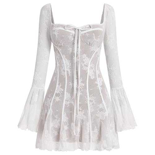 Odizli Corset Dress Women Elegant Long Bell Sleeve Y2K Floral Lace Ruffle Mini Dress