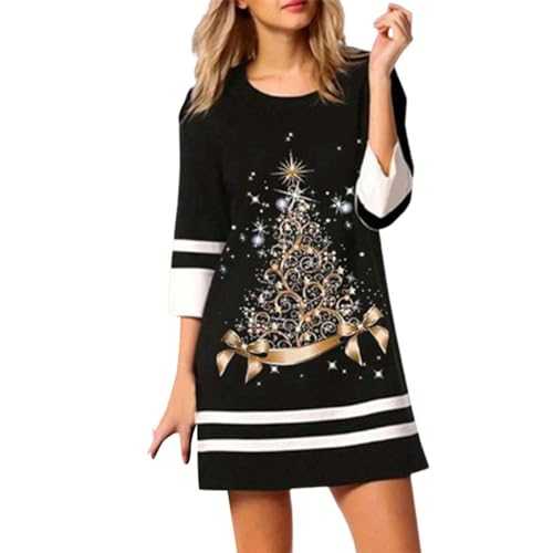 NNGOTD Womens Summer Dresses, Women's Christmas Print Dress Long Sleeve Round Neck Casual Fashion Dress Comfortable Long Dress Maxi Dresses Ladies Bohemian Floral Print Tunic Dress Bridesmaid Dresses