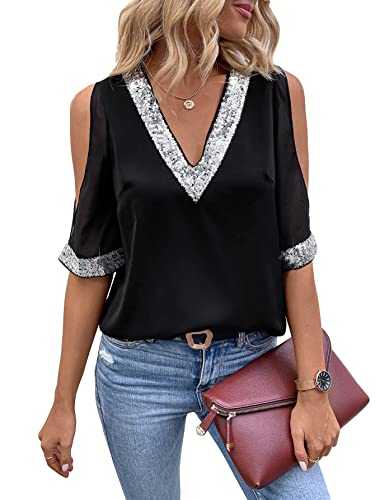 GORGLITTER Women's Sequin Cold Shoulder Mesh Blouse Top Deep V Neck Short Sleeve Glitter Summer T Shirt