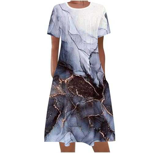 Womens Midi Dresses UK Sale Clearance Summer Beach T-Shirt Long Dress Short Sleeve Round Neck Dress Casual Elegant Flower Print Dresses Vintage Bohemian Beach Dress with Pockets