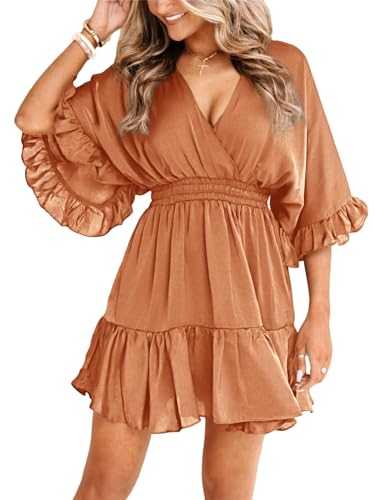 Realipopo Women Wrap V Neck Dress Sexy Summer Causal Short Sleeve Elegant Ruffle Flowy Mini Dresses