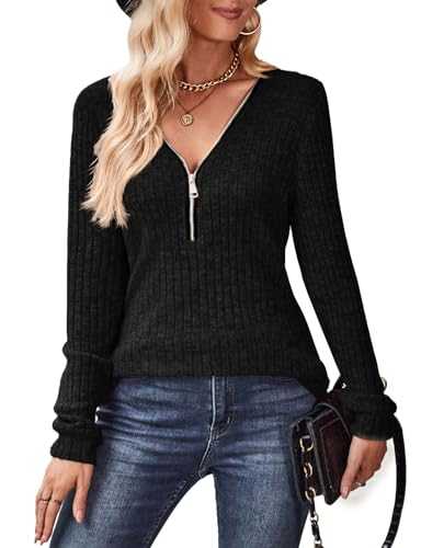 Gemulate Womens Long Sleeve Tops Ladies Lightweight Knit Jumpers V Neck Zipper Sweaters Casual Striped Sweatshirts Tshirt