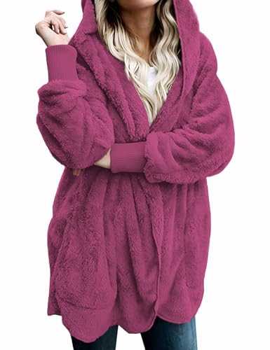 Zilcremo Women Hooded Cardigan Fuzzy Jacket Winter Open Front Fleece Coat Outwear with Pockets