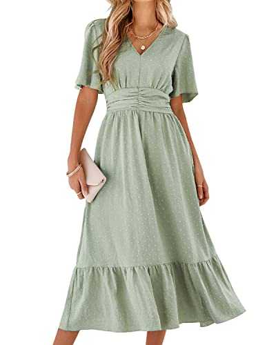 BebreezChic Women's Summer Dress, Long Boho Elegant Short Sleeve V-Neck High Waist Swiss Dot Ruffled Flowers Beach Dress, Maxi Dress