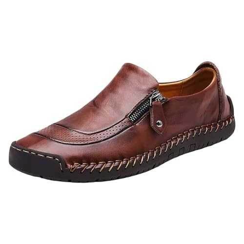 Casual Leather Shoes for Men - Wide Width Comfortable Round Toe Leather Shoes Non Slip Flat Shoes Simple Zipper Design British Style Gentlemen's Leather Shoes Daily Activities Casual Shoes