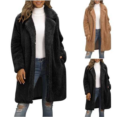 Women's Mid-length Faux Coat Teddy Fleece Long-sleeved Lapel Collar Faux Fur Jackets Casual Solid Color Open Front Cardigan Winter Windproof Warm Fluffy Coats Black Teddy Coat UK Size 8-18