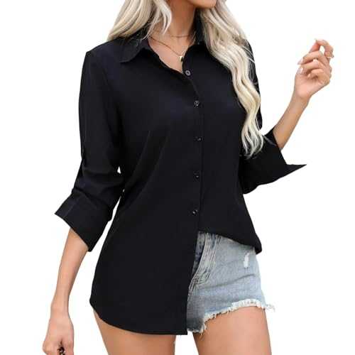Sahunfri Women’s Long Sleeve Dress Shirt Regular Fit,Black Blouse Shirts with Button Down for Women Business Office Wear Casual