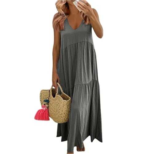 AMDOLE Summer Dresses for Women UK Causal Women's Summer Maxi Dresses V Neck Long Maxi Sundress Sleeveless Vacation Dress with Pockets Ladies Holidays Beach Clothes