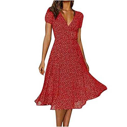 AMhomely Women Dresses Sale Clearance Party Elegant Ladies V-Neck Polka Dot Floral Print Down Short Sleeve Dresses Casual Long Summer Dress UK Size Red