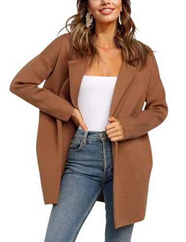 Womens Pea Coat Wool Open Front Solid Color Notch Lapel Mid Long Trench Blazer Overcoat, Brown, S