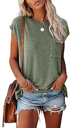 VIGVAN Women's T Shirt Tunic Top Short Sleeve Casual Loose Tee with Pocket for Summer Cotton+Polyester, Regular Length, Large, Solid, Running, Yoga