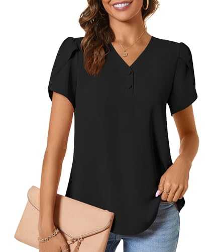 CATHY Women Summer Tops Petal Sleeve Button Up V Neck T-Shirts Casual Chiffon Henley Blouses