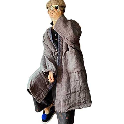 NFYM Women's Quilted Knee Length Coat Open Front Kimono Style Jacket Handmade Threading Outwear for Winter, Grey, One size