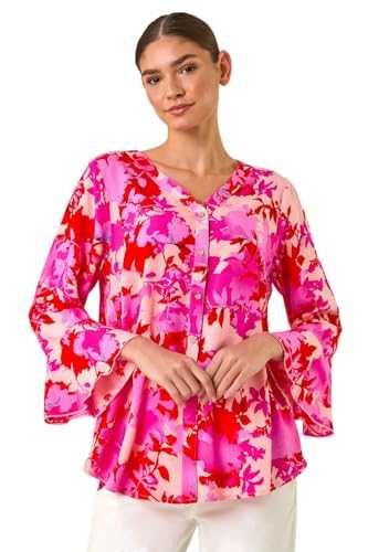 Roman Originals Tropical Print Frill Sleeve Top for Women UK - Ladies Everyday Holiday Spring Summer V-Neckline Comfy Soft Evening Vacation Work Party