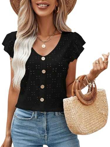 GORGLITTER Women's Button Front T Shirt Summer V Neck Ruffle Trim Cap Sleeve Tee Tops