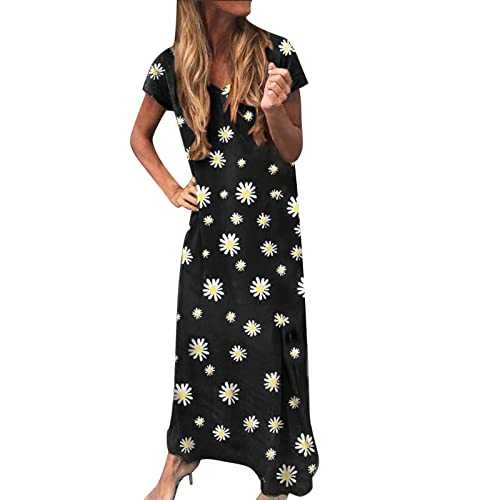 AMDOLE Women Business Casual Dress Women's Daisy Print Deep V Neck Short Sleeve Casual Wrap Maxi Dress Prelude Dress