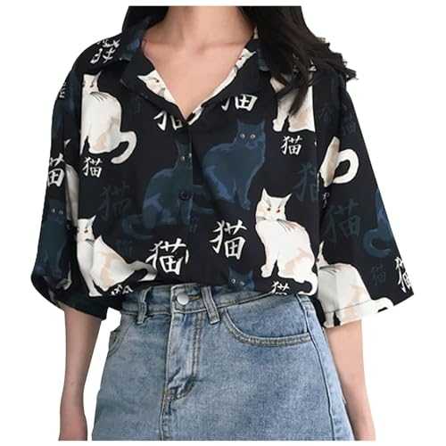 Tops for Women UK Summer Casual Loose Shirt Cat Pattern Cute Tshirt Flower Printed Vintage T-Shirts Button Cardigan Short Sleeves Shirts Harajuku Style Classic Blouses Out Going Daily Tee Shirts