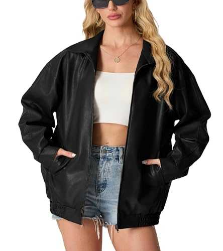 GRECERELLE Faux Leather Jacket Women with Zip Pockets Women's Jackets Long Sleeves Zip Up Motorcycle Jacket Bomber Jacket Womens Coat