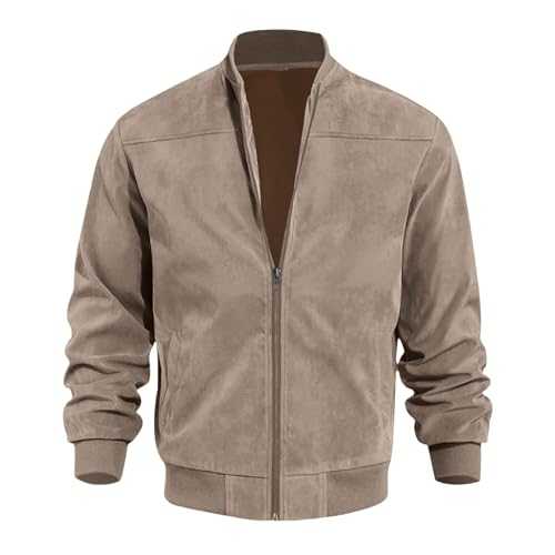 Mens Faux Suede Bomber Jacket, Solid Color Men's Zipper Jacket,Casual Retro Long Sleeve Cardigan Coat Men