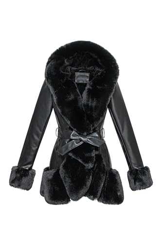 GRAN ORIENTE Women's Faux Leather Jacket with Faux Fur Lining and Collar Warm Winter Long Sleeve Button-Down Coat with Belt