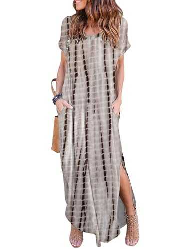 HUSKARY Women's Casual Pocket Beach Long Dress Short Sleeve Split Loose Maxi Dress