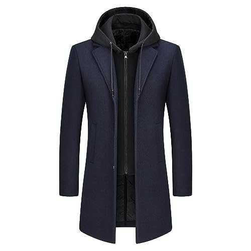 Men's Trench Coat Wool Blend Warm Overcoat With Detachable Hood(Navy,2XL)
