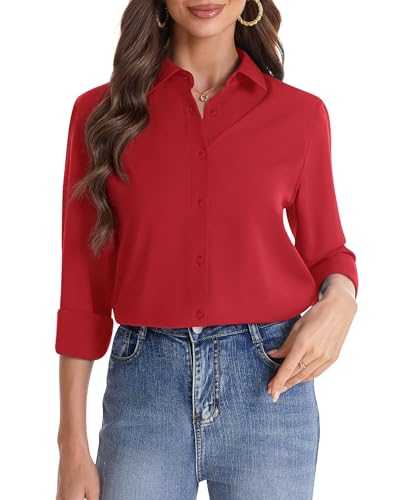 J.VER Womens Button Down Shirt Long Sleeve Solid Dress Shirts Chiffon Work Office Blouse Fashion Basic Business Formal Tops