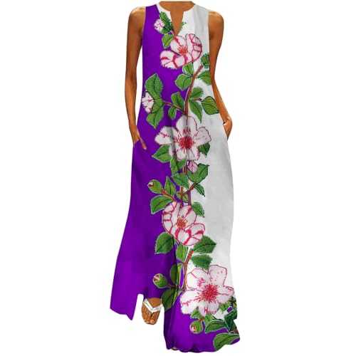 Boho Beach Dresses for Women UK Plus Size Sleeveless V Neck Maxi Dresses Floral Print Long Dresses with Pockets Summer Casual Vintage Sundresses Swing A-Line Dress Going Out Lounge Dress