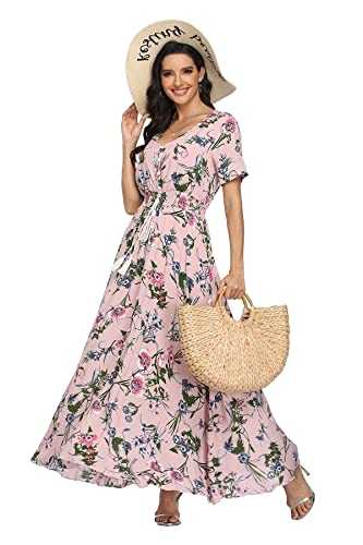 VintageClothing Women's Floral Print Maxi Dresses Boho Button Up Split Beach Party Dress