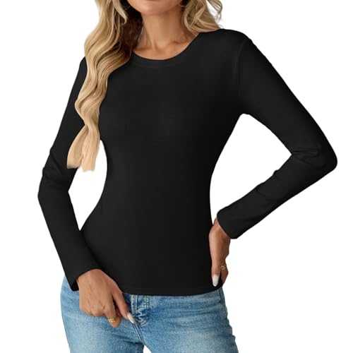 Women's Cotton Long Sleeve T Shirt Slim Fit Crewneck Basic Tee Shirts Tops Casual Soft Layering Undershirts