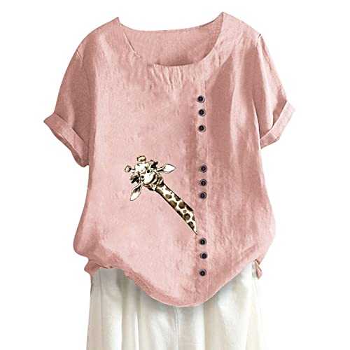 Women's Cotton Linen Round Neck Short Sleeve Button Tops Oversize Dandelion Print Summer T-Shirt Loose Fashion Basic Graphic Pullover Simple Work Clothes, S to 5XL