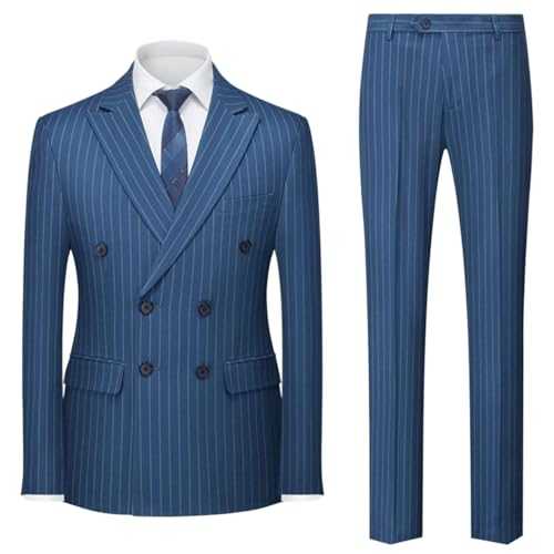 Yaflonjaa Men's Stripe Suit Two Pieces Peak Lapel Double Breasted Buttons Jacket+Pants Set for Office