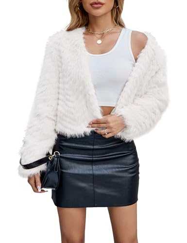 FIOPHY Womens Faux Fur Cropped Coats Fuzzy Winter Jacket Long Sleeve Open Front Cardigan Top Fluffy Warm Outwear with Pockets