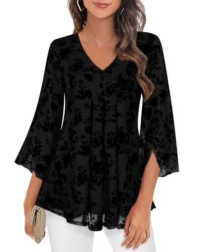 Flikity Womens Blouses V Neck Ladies 3/4 Sleeve Tops Flowy Chiffon Top Ruffle Blouses Pleated Tunic Tops Double Layers Mesh Shirts S-3XL