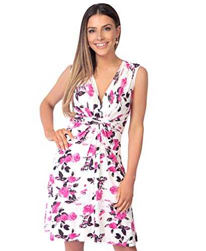 KRISP Women Sleeveless Floral Summer Dress V-Neck Knot Front (Pink, 8), 6252-PNK-08
