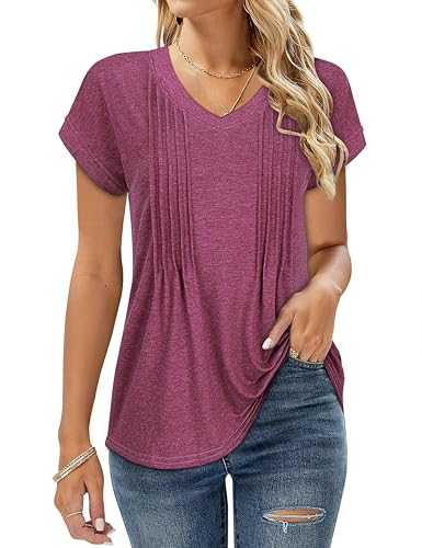 Womens Short Sleeve Tops Casual Pleated V Neck Basic T Shirts Solid Loose Fit Tee Blouse S-XXL